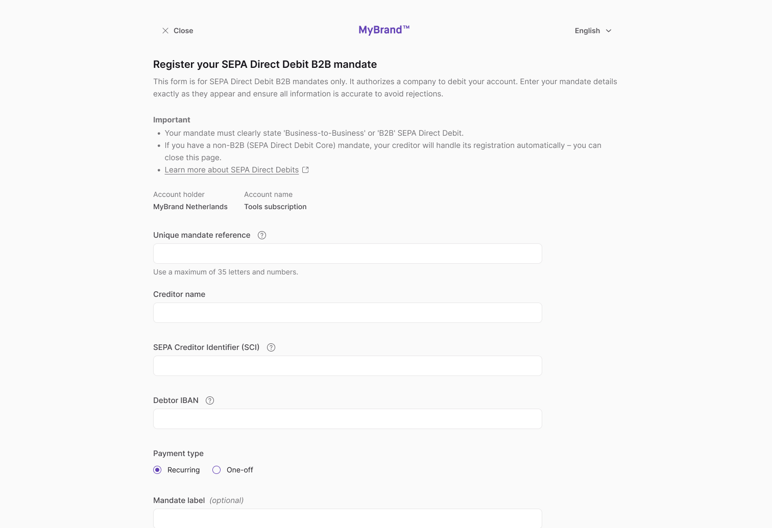 Screenshot of the B2B mandate registration page